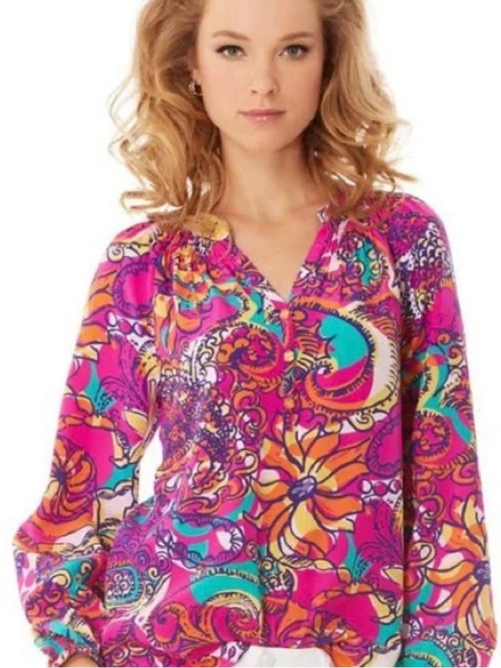 Lilly Pulitzer Elsa Top Multicolor Print Long Sleeve Blouse Size S